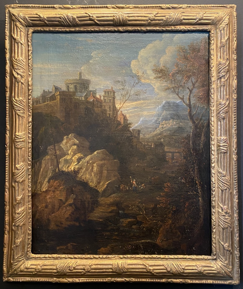 tableau, peinture représentant un village dans la montagne