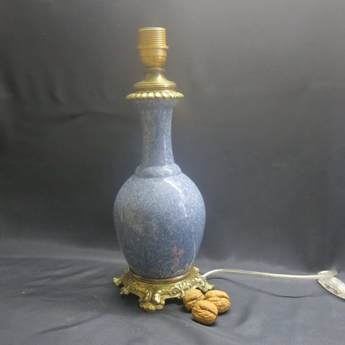 Blue Ceramic Lamp And Bronze Mount.-photo-2