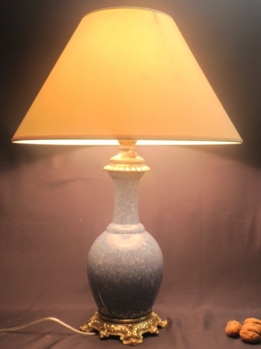 Blue Ceramic Lamp And Bronze Mount.