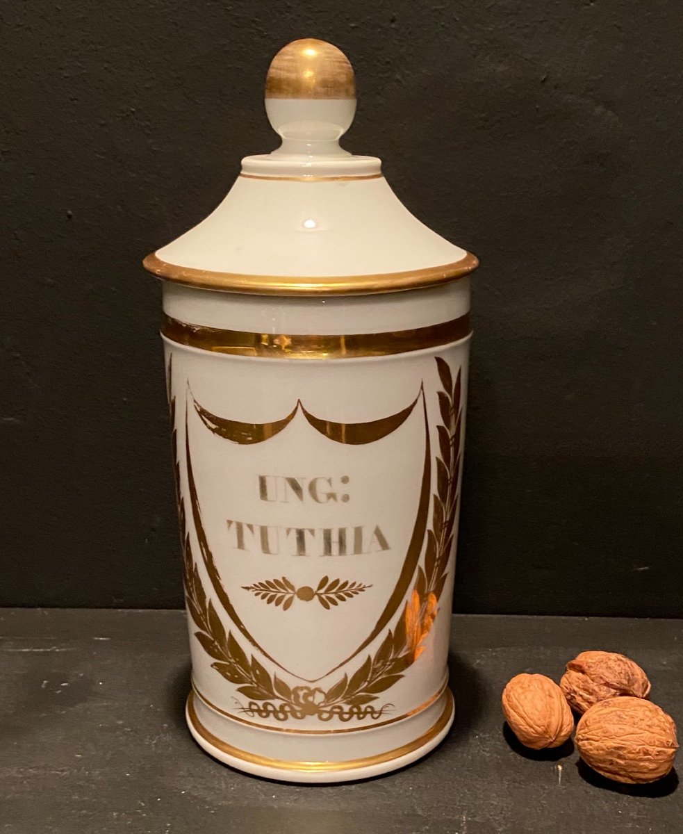 Porcelain Medicine Jar, White And Gold