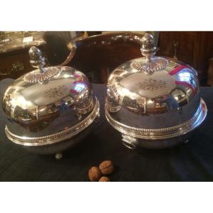 Pair Of Dish Warmers With Bells In Silver Metal