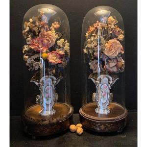 Two Bouquets Under Globe