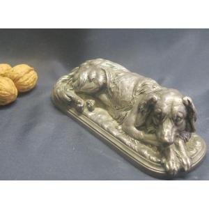 Dog Lying In Silver Bronze, Signed Hingre