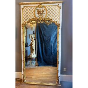 Very Large Mirror, Glass In Painted And Gilded Wood