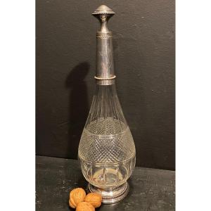 Carafe En Cristal Col, Socle et Bouchon En Argent Massif