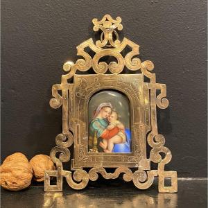 vierge à l'enfant, peinture sur porcelaine en miniature