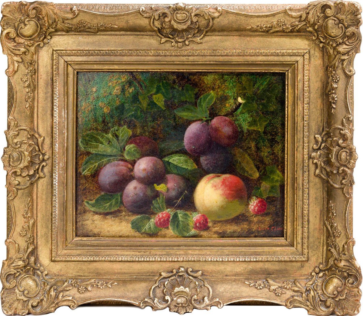 Still Life With Plums, Raspberries And Peaches On A Bed Of Moss - Painting By Oliver Clare (1853-1918)