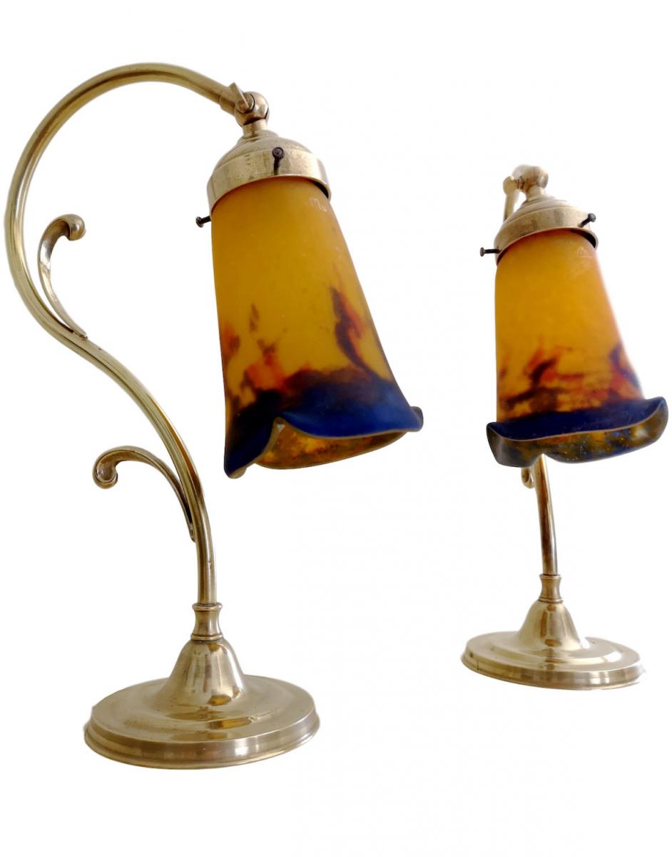 Paire De Lampe Col De Cygne Sur Pied Art Nouveau - Verres Muller Frères Lunéville
