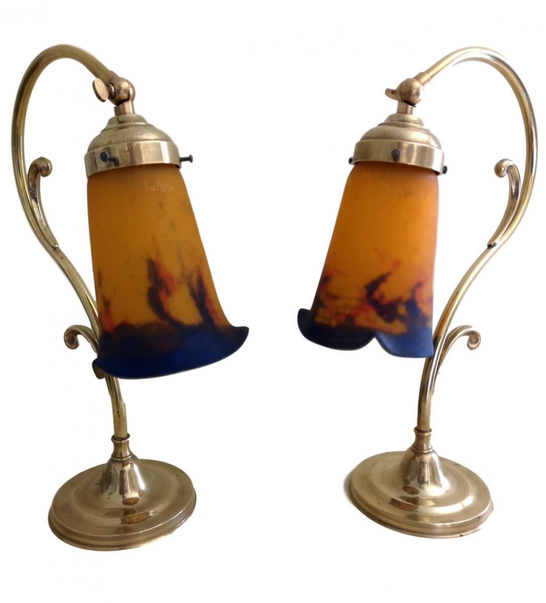 Paire De Lampe Col De Cygne Sur Pied Art Nouveau - Verres Muller Frères Lunéville-photo-3