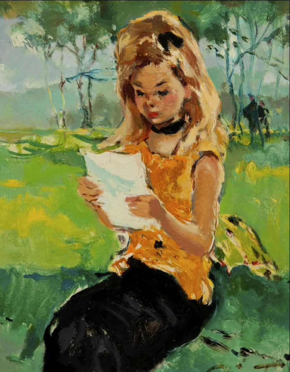 Tableau De Pierre Grisot (1911-1995)-Jeune Fille à la lettre