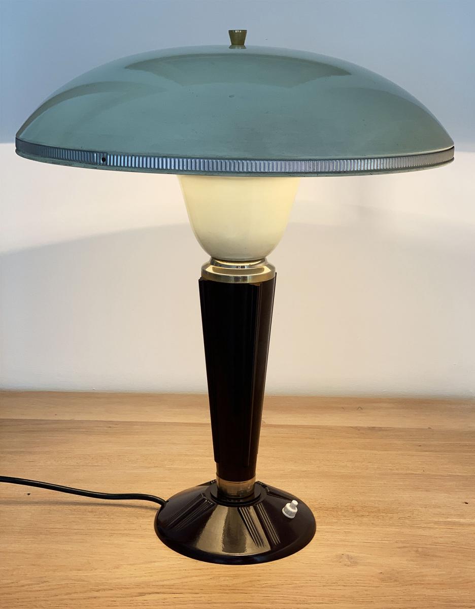 Lampe De Bureau ART DECO - Jumo 320 en bakelite à Large Réflecteur, Couleur Ivoire, Bordeaux Et Or-photo-2