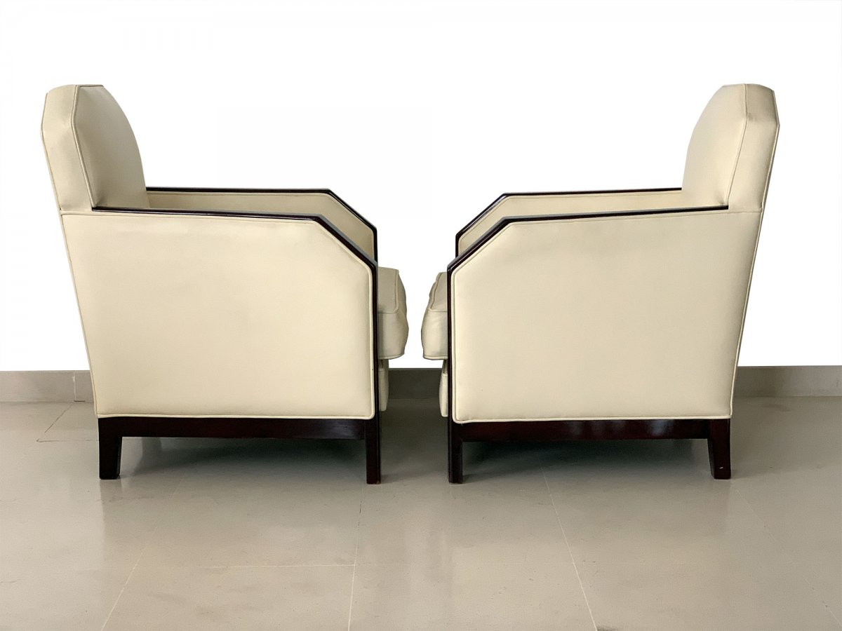 Paire De Fauteuils Art Deco Cuir Et Palissandre - Fauteuil année 30-photo-3