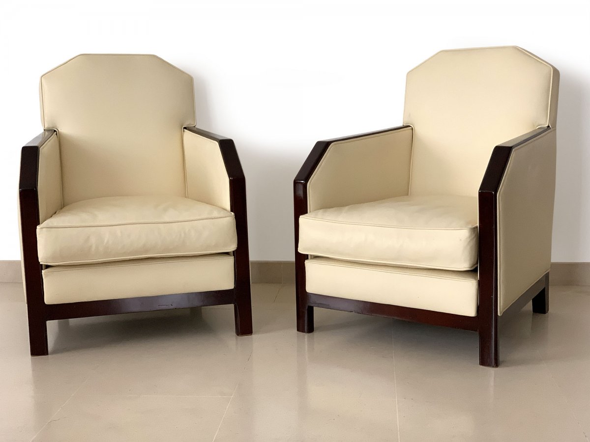 Paire De Fauteuils Art Deco Cuir Et Palissandre - Fauteuil année 30-photo-2