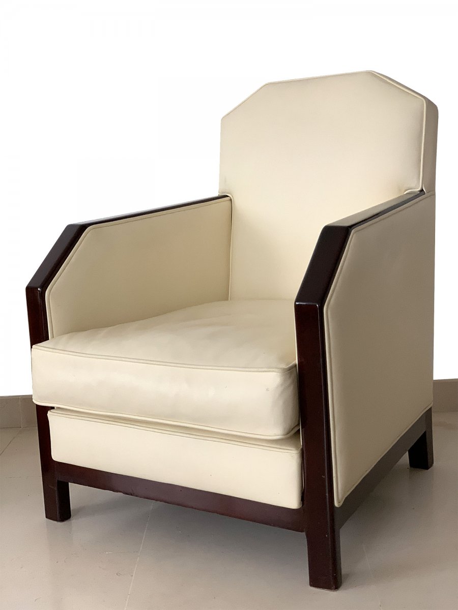 Paire De Fauteuils Art Deco Cuir Et Palissandre - Fauteuil année 30-photo-1