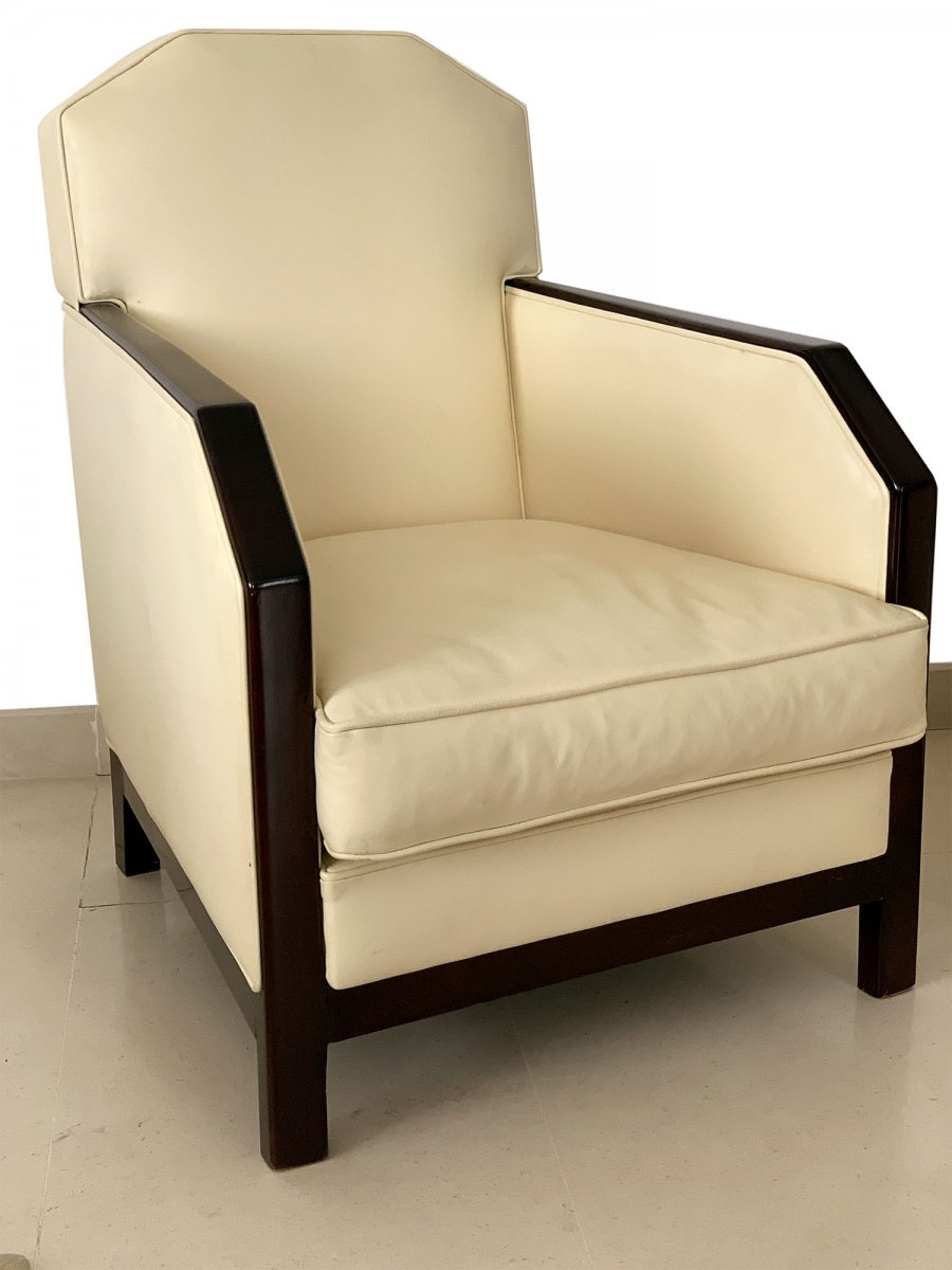 Paire De Fauteuils Art Deco Cuir Et Palissandre - Fauteuil année 30-photo-2