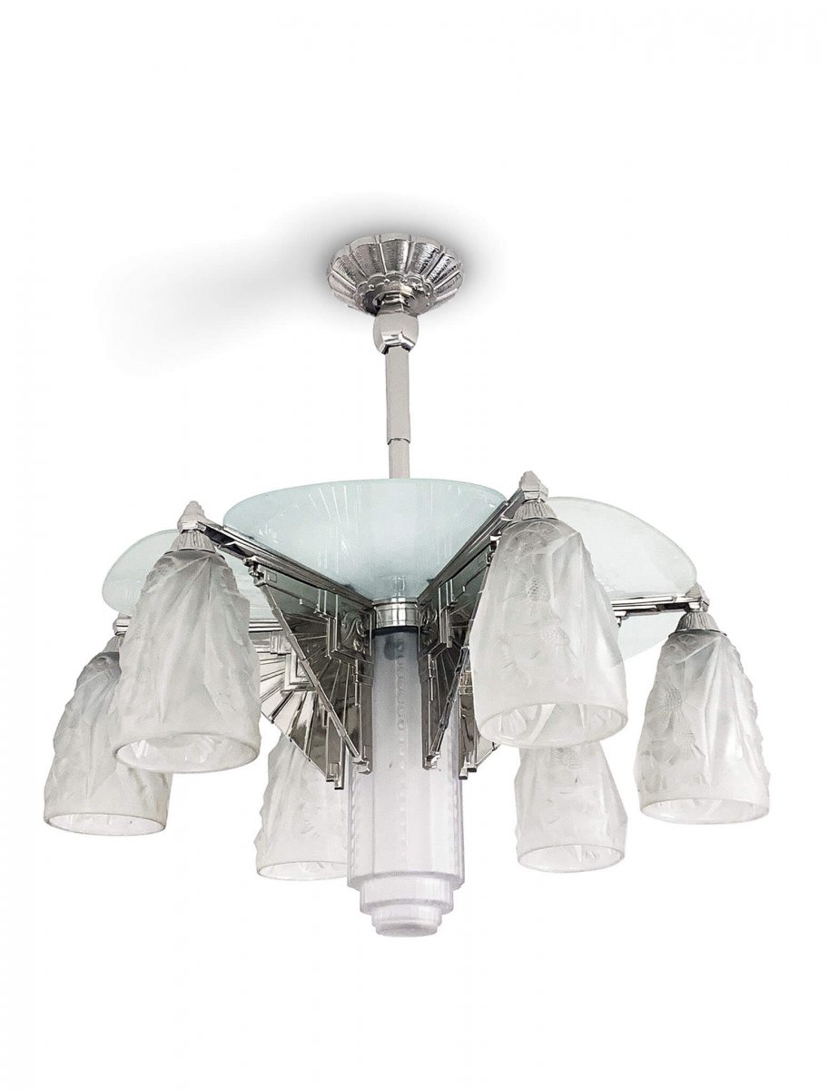 Art Deco Chandelier In Nickel-plated Bronze And Frosted Glass