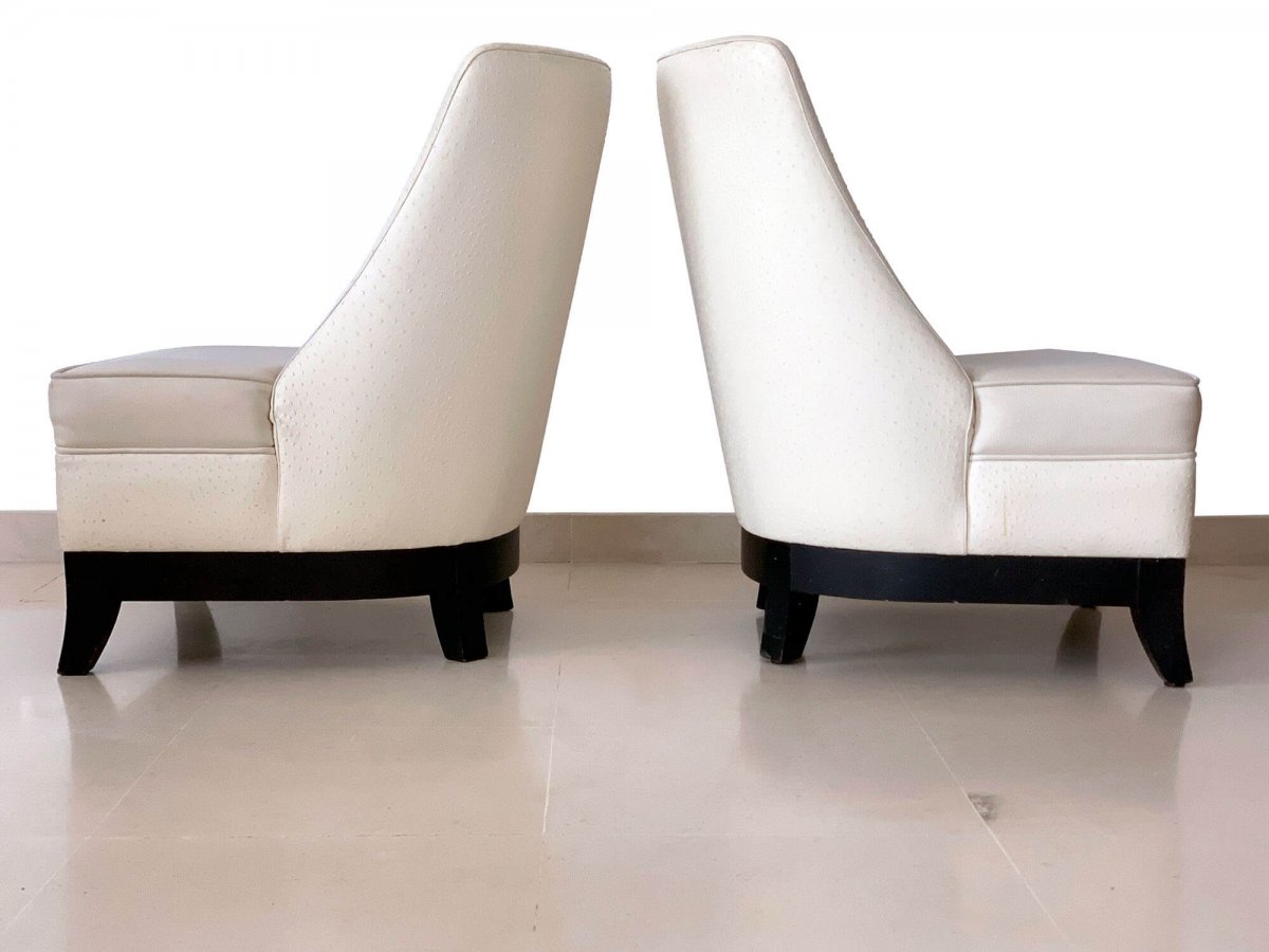 Pair Of Armchairs Art Deco Of The Famous Hotel The Martinez - Leather And Ostrich-photo-3