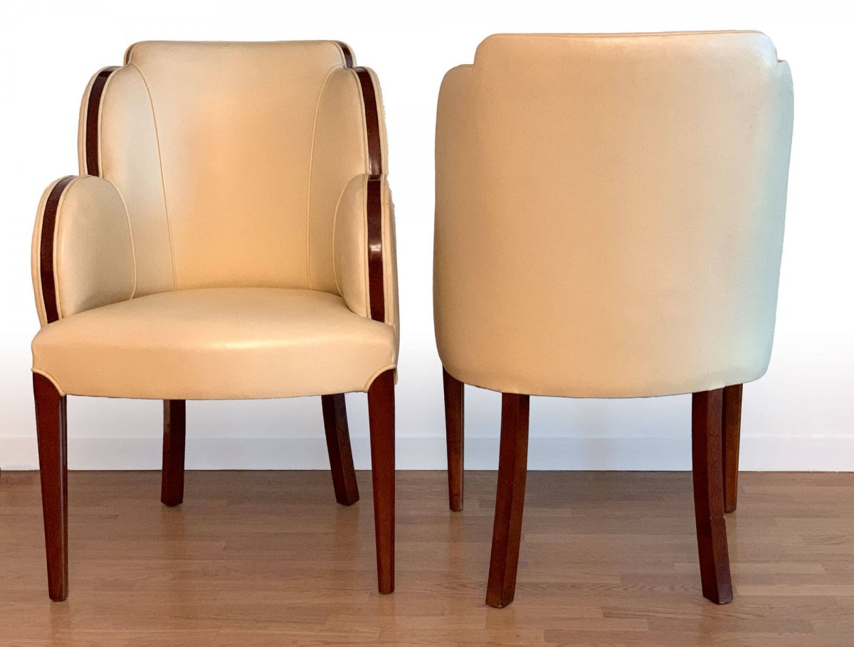  Pair Of  Art Deco Armchairs In Leather And Rosewood-photo-3
