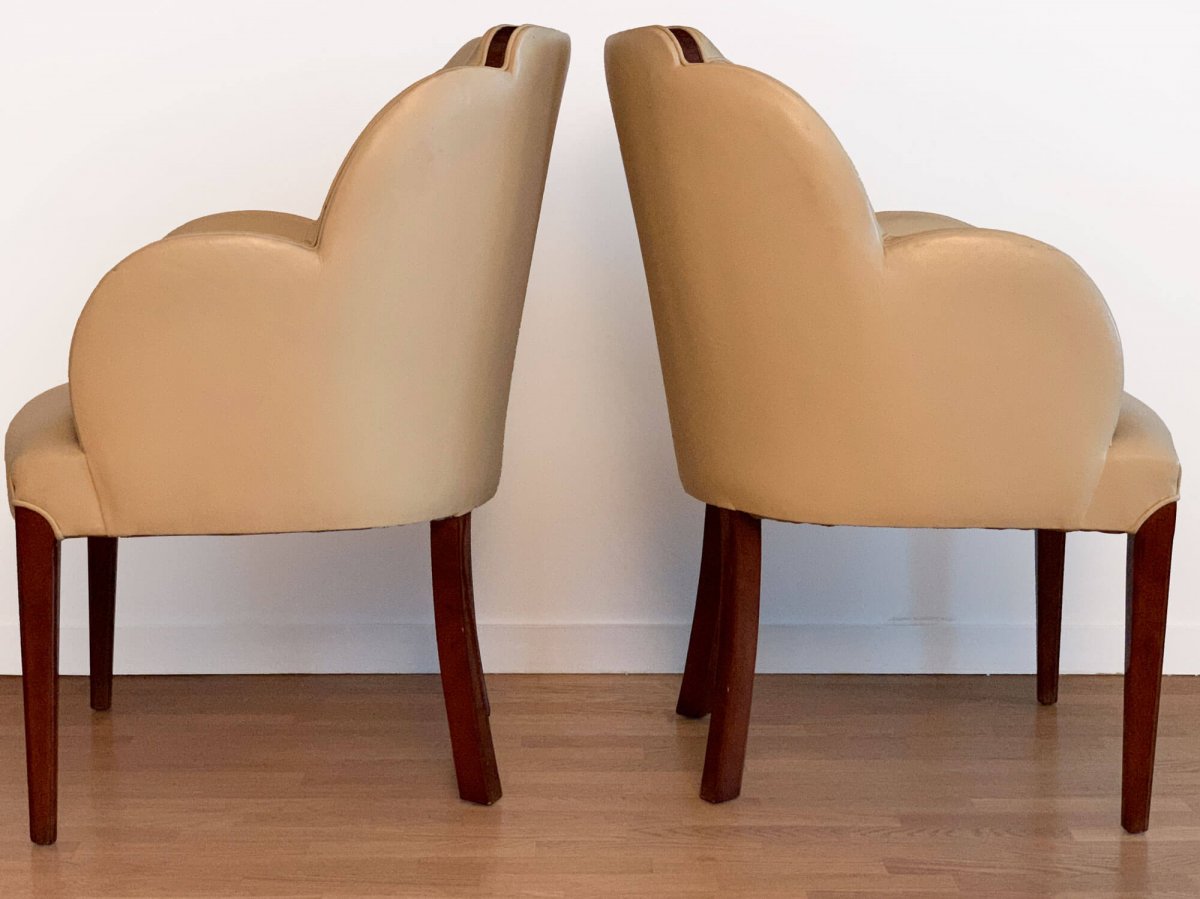  Pair Of  Art Deco Armchairs In Leather And Rosewood-photo-4