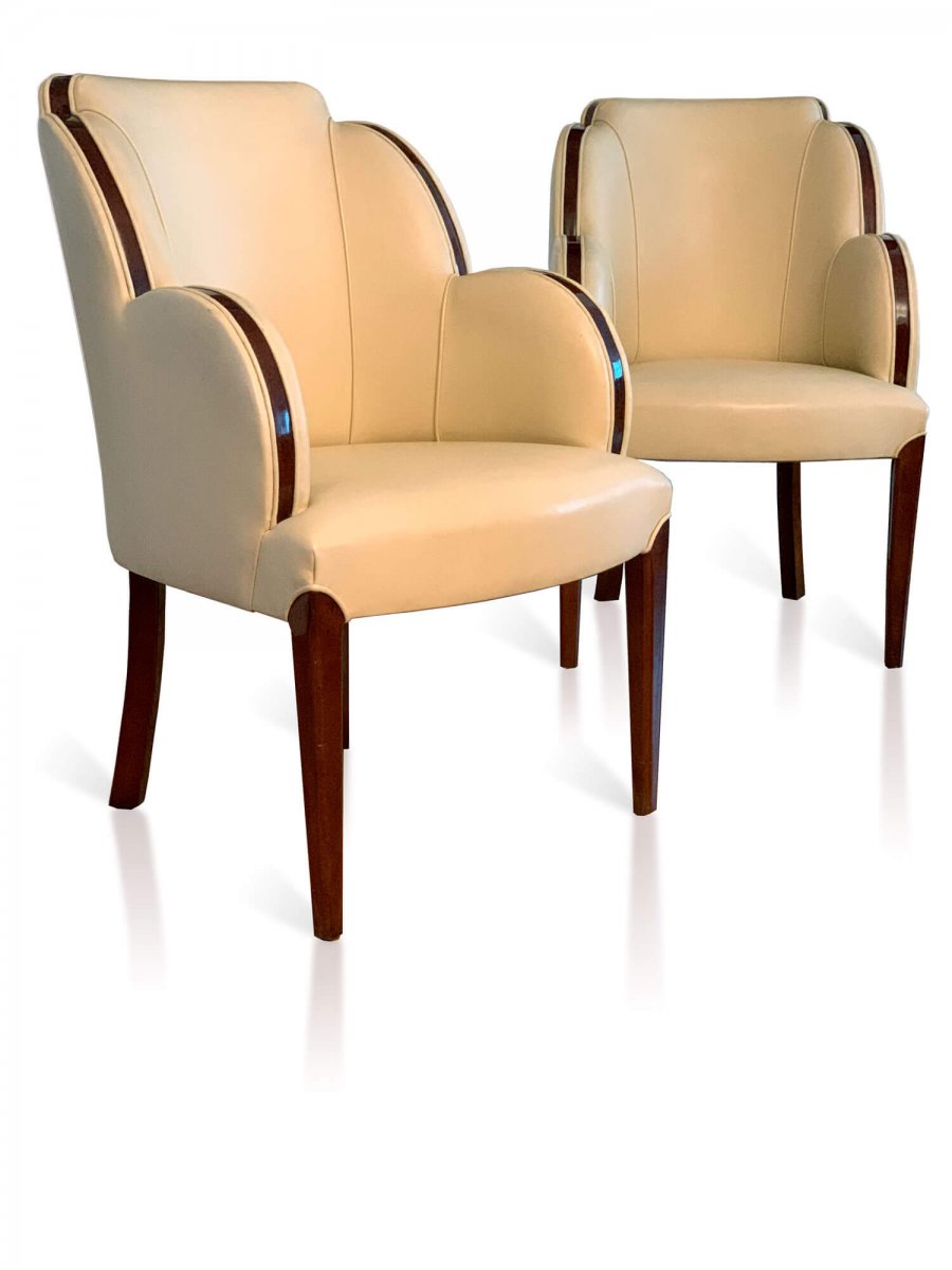  Pair Of  Art Deco Armchairs In Leather And Rosewood