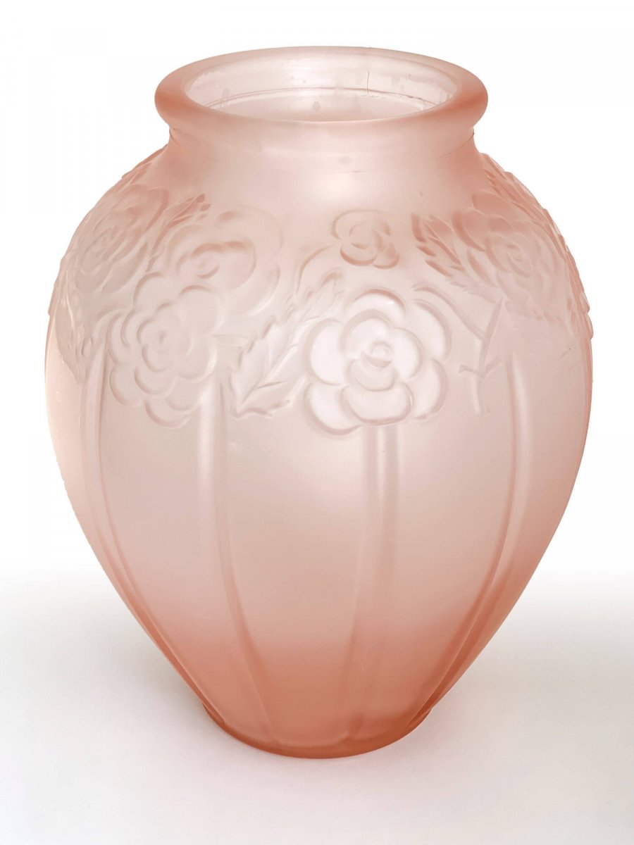 Grand Vase En Verre Moulé Rose - Art Deco-photo-2