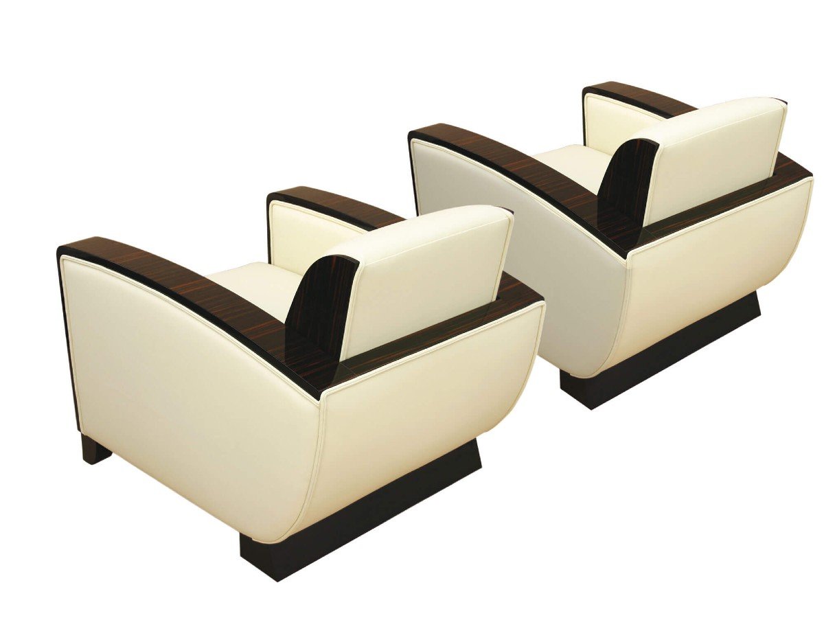 Pair Of Art Deco Club Armchairs - Leather And Macassar-photo-2