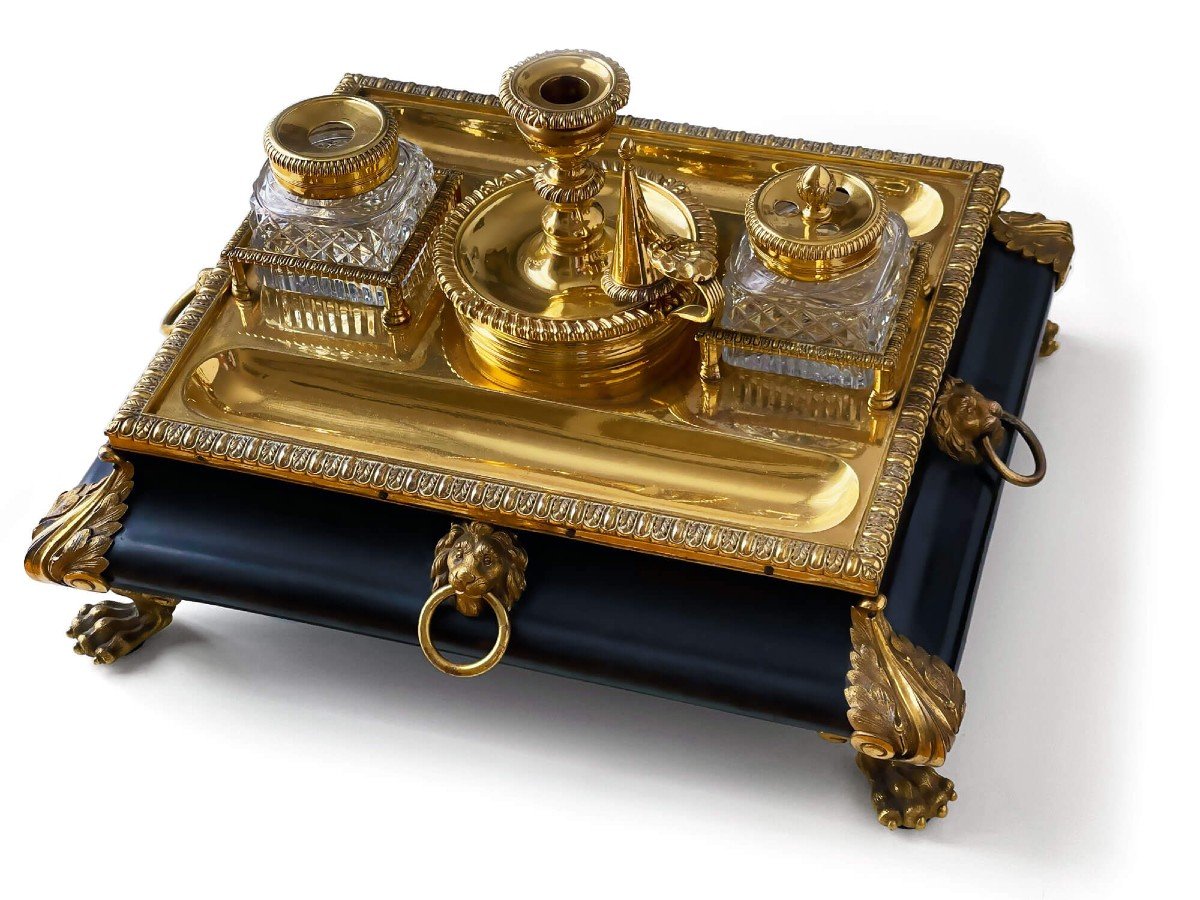 English Regency Inkwell / Inkstand In Gilt Bronze And Blackened Wood - Circa 1810