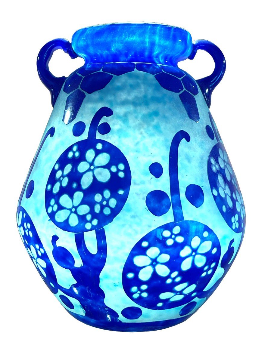 Vase Azurette Bleu Signée Le Verre Français-photo-2