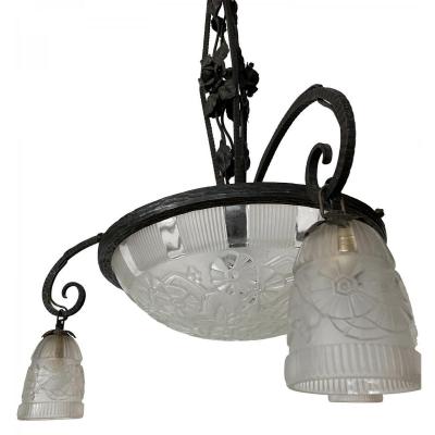 Chandelier Art Deco - Wrought Iron With Basin And 3 Tulips