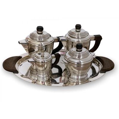 Service Art Deco - Argent Et Palissandre - Plateau, Théière, Cafetière, Sucrier, Pot à Lait