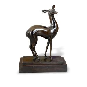 Biche Attentive - Bronze Art Deco Par Jean-louis Vuilleumier