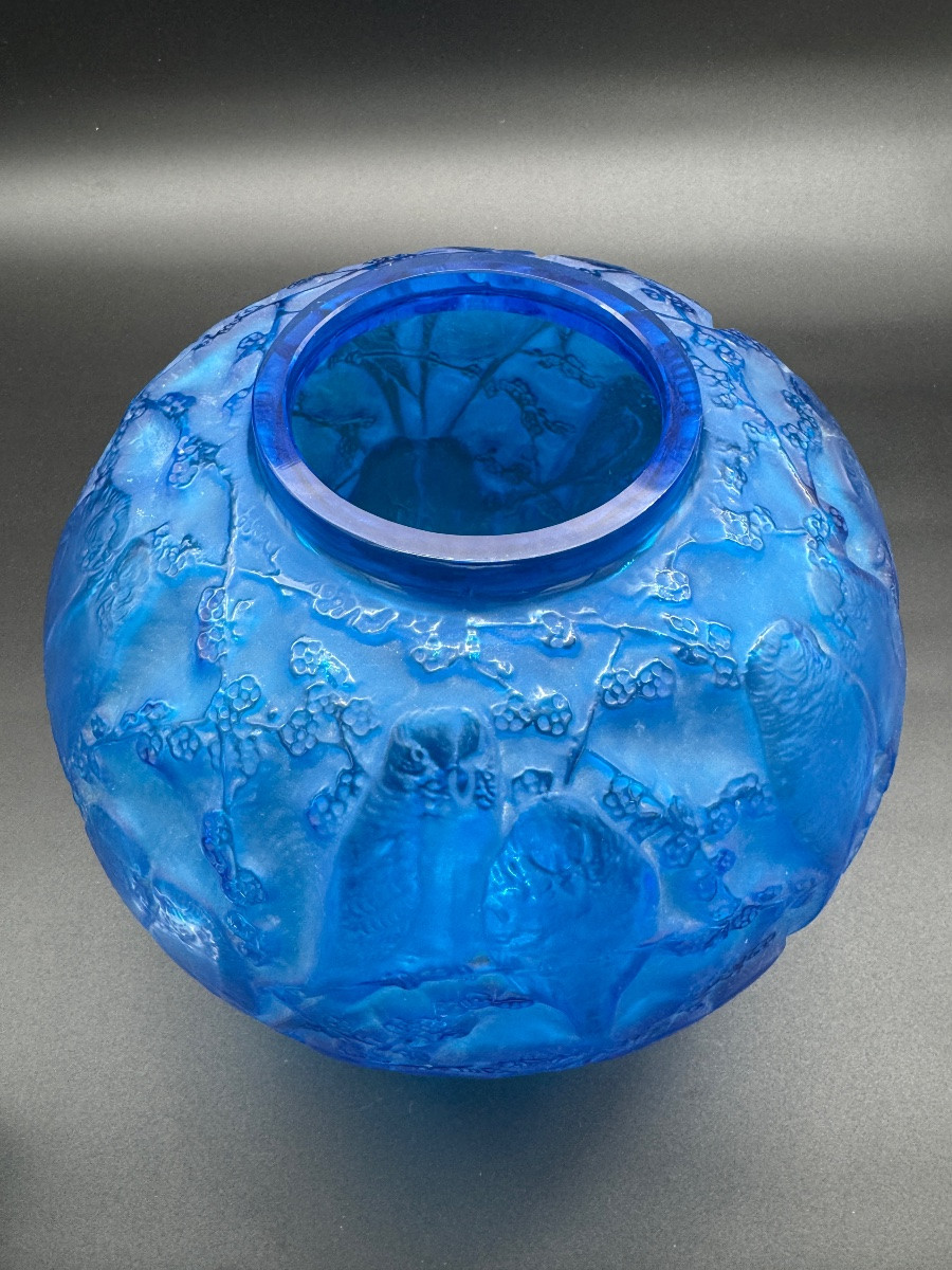 Un vase Perruches de R.Lalique  en verre bleu électrique-photo-2