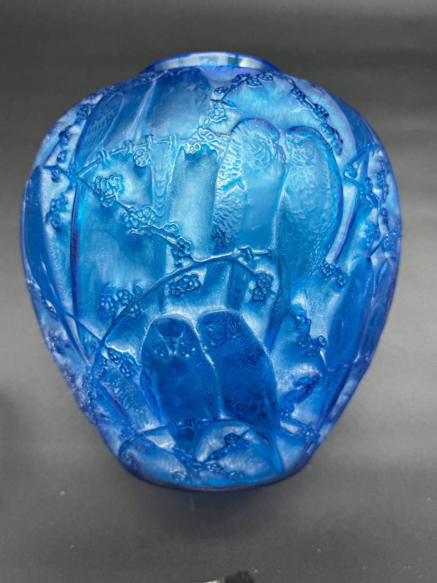 Un vase Perruches de R.Lalique  en verre bleu électrique-photo-6