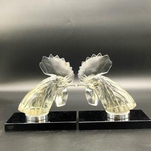 A Pair Of Rooster Head Mascots By R.lalique 