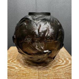 A Formose Vase By R.lalique In Dark Grey Glass.