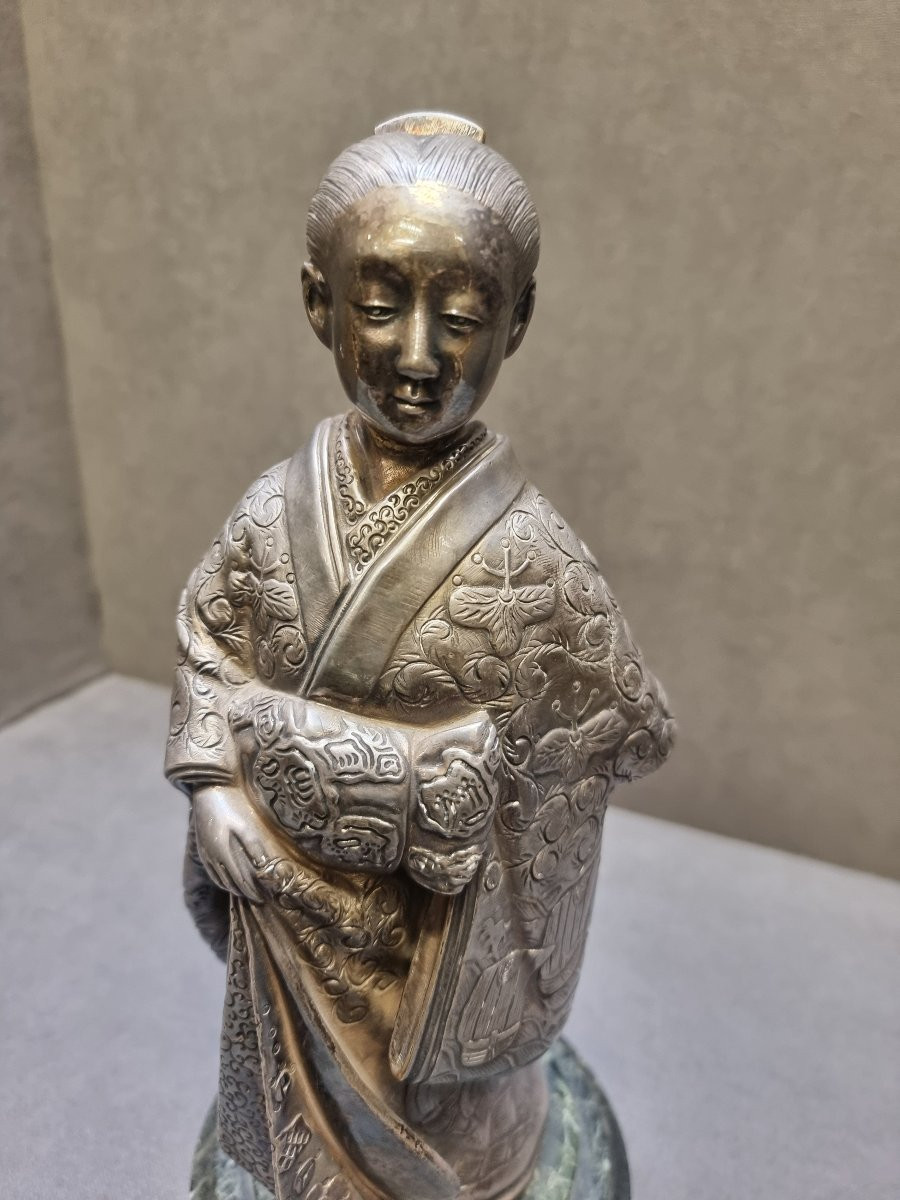Silver-plated Bronze Geisha Sculpture - Early 1900s-photo-3