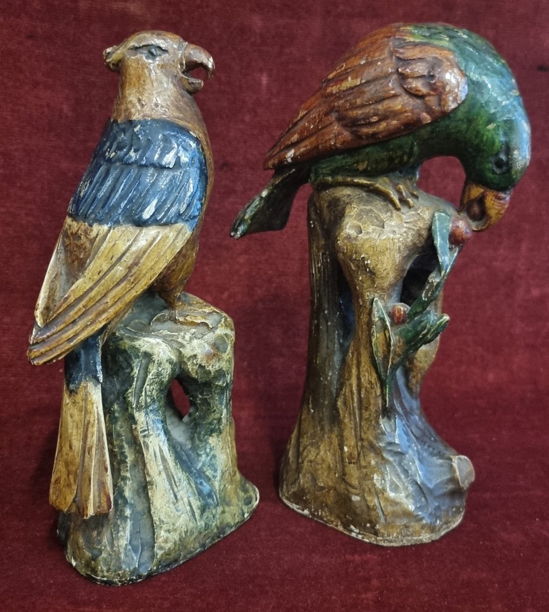 PAIRE DE PERROQUETS EN BOIS SCULPTE ET LAQUE - VENISE XVIII SIECLE-photo-1