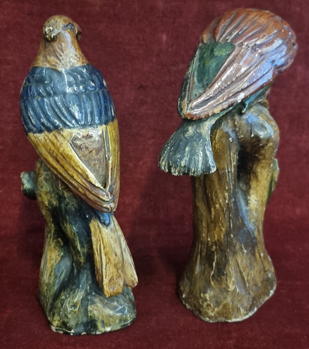 PAIRE DE PERROQUETS EN BOIS SCULPTE ET LAQUE - VENISE XVIII SIECLE-photo-2