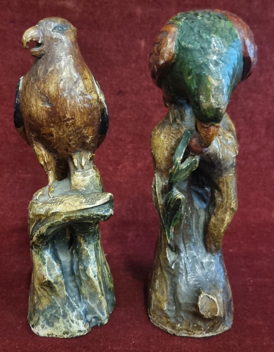 PAIRE DE PERROQUETS EN BOIS SCULPTE ET LAQUE - VENISE XVIII SIECLE-photo-4