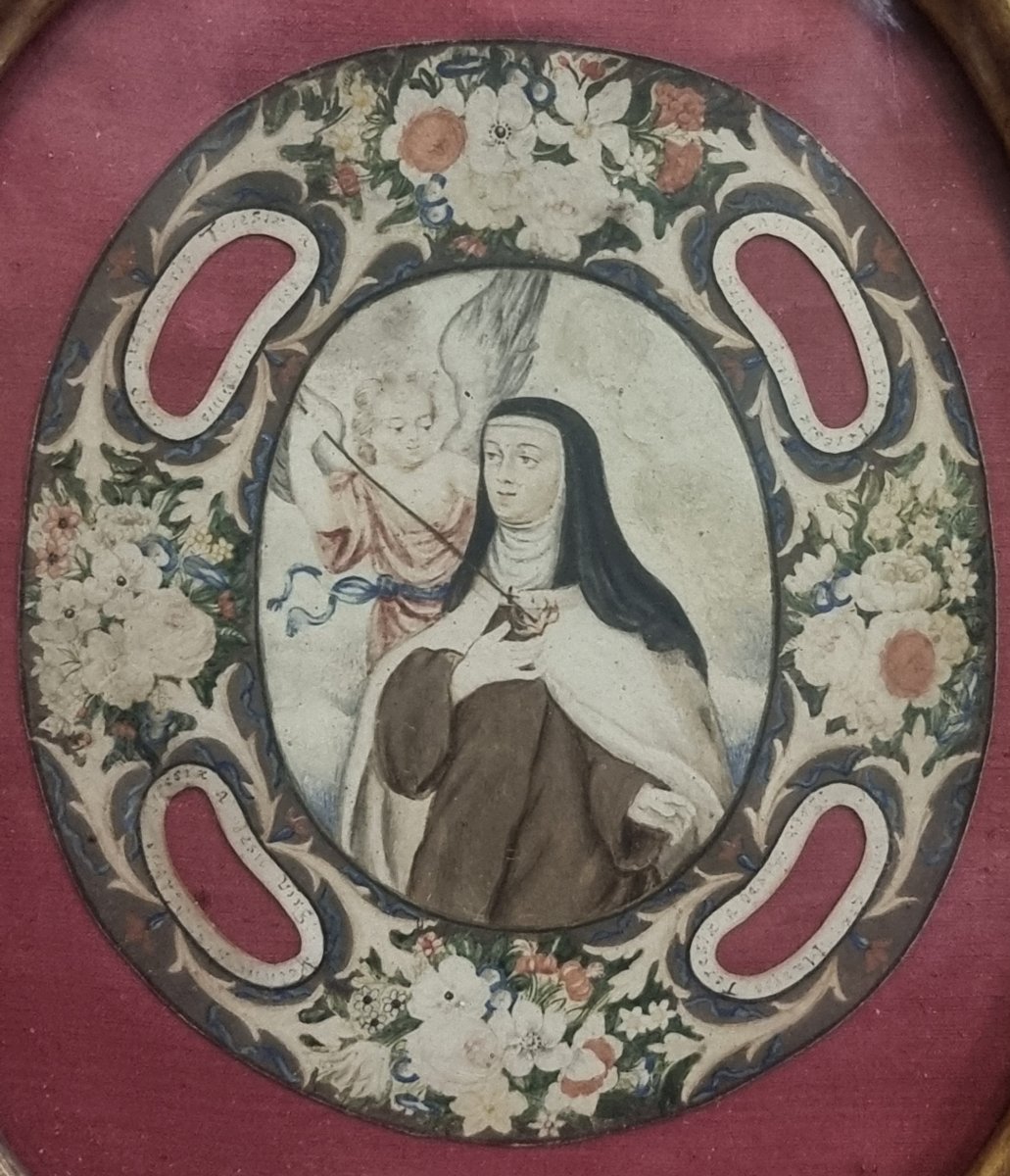 Cadre baroque en bois doré - Miniature Sainte Thérèse d'Avila - Première moitié XVII siècle-photo-2