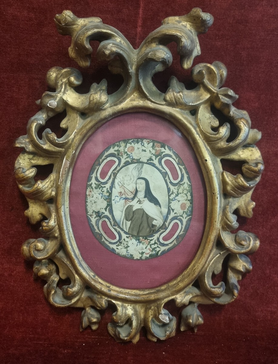 Cadre baroque en bois doré - Miniature Sainte Thérèse d'Avila - Première moitié XVII siècle