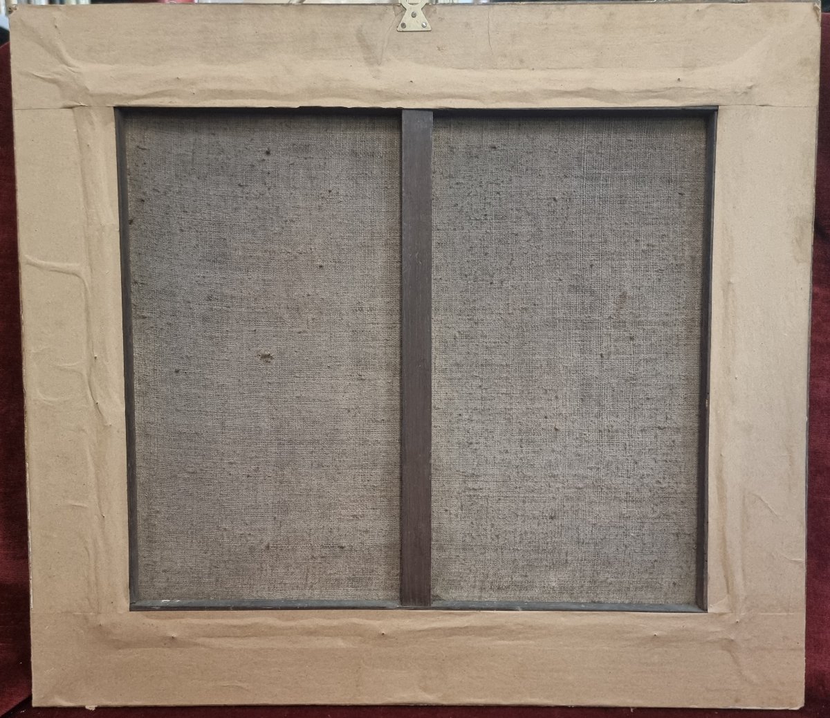 Tissu brodé représentant Jésus Instruments de la Passion - XIXe siècle - Cadre laqué et doré-photo-3