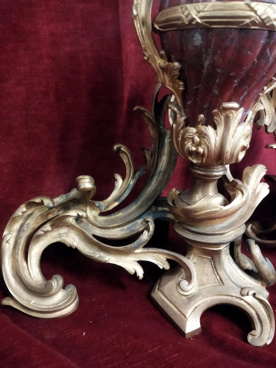 PAIRE DE CHEMINÉES  En bronze et marbre rouge français - Napoléon III-photo-2