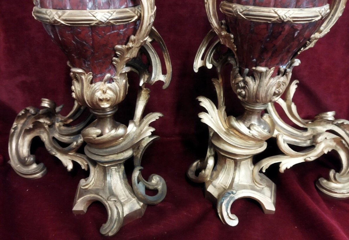 PAIRE DE CHEMINÉES  En bronze et marbre rouge français - Napoléon III-photo-1