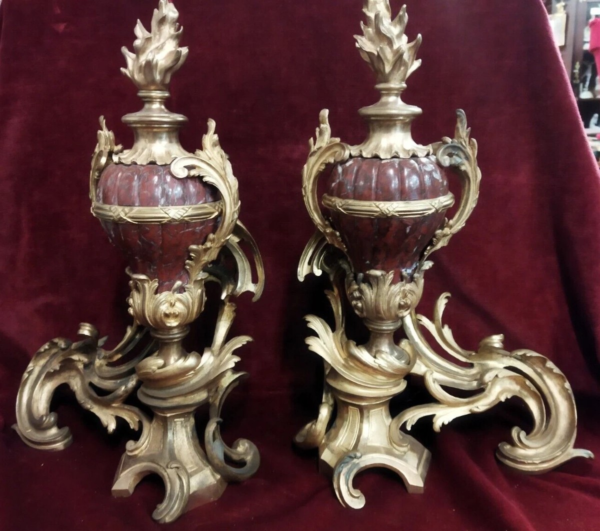 PAIRE DE CHEMINÉES  En bronze et marbre rouge français - Napoléon III
