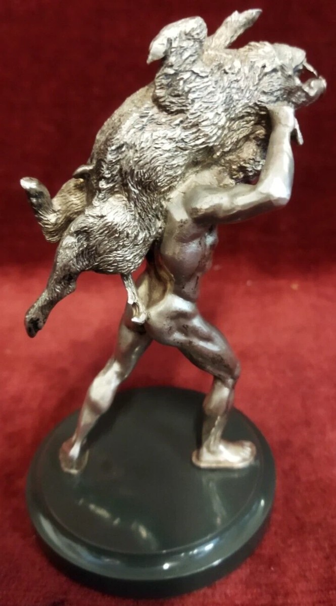 Silver Sculpture On A Marble Base: Hercules With A Boar, Stamp 84, Russia – 1950s
