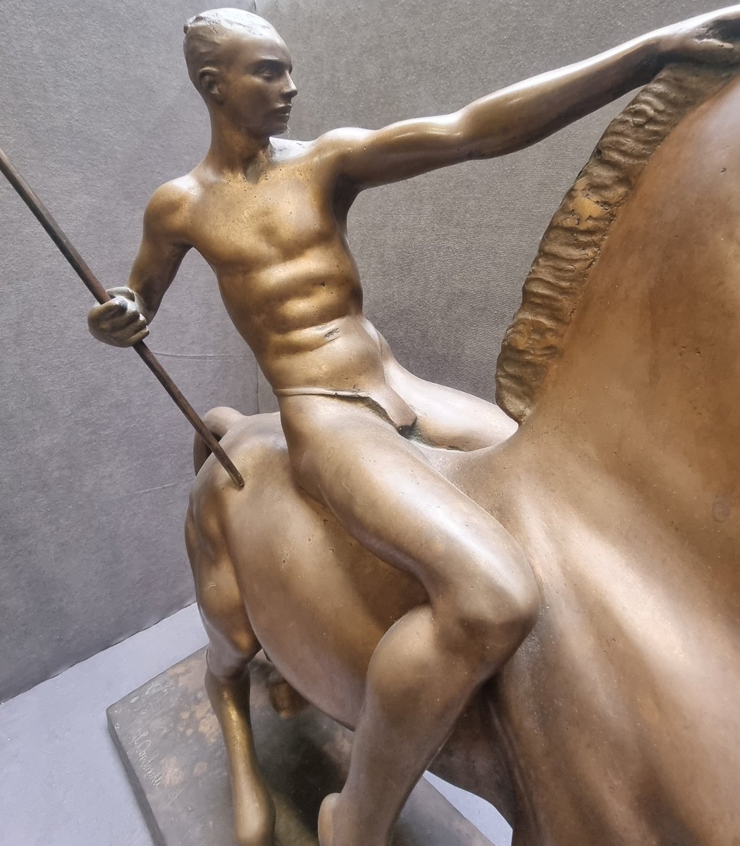 SCULPTURE EN BRONZE - HOMME À CHEVAL - LUCIANO CONDORELLI (ACIREALE 1887 - ROME 1968)  ART DÉCO-photo-3