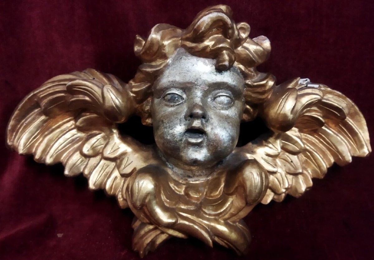 Paire d'anges  bois sculpté, doré et argenté  - XVIIIe siècle-photo-3