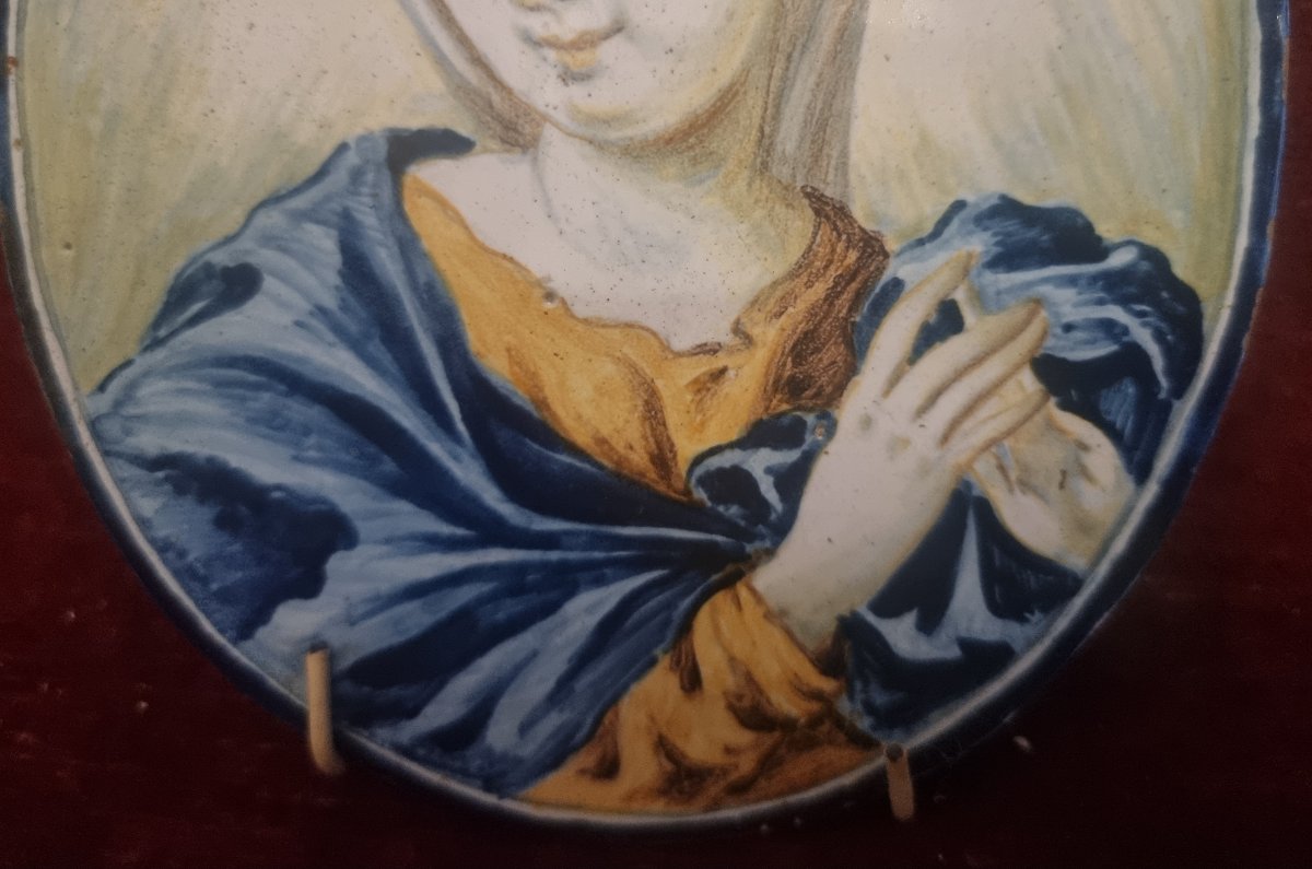 Oval Tile In Painted Earthenware, Depicting The Virgin Mary   Italy, Castelli  -photo-2