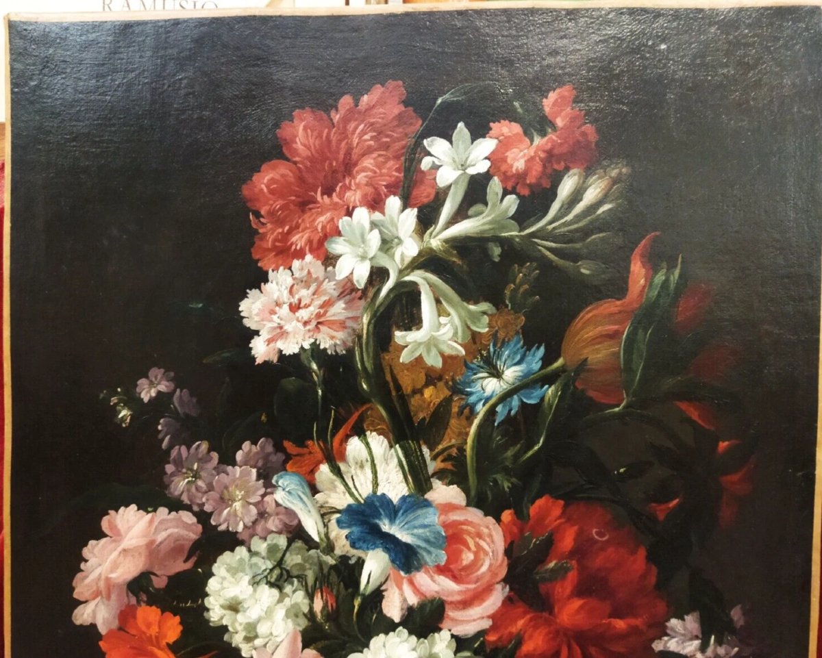 TABLEAU - HUILE SUR TOILE - NATURE MORTE VASE FLEURS - XVIIe SIÈCLE-photo-2